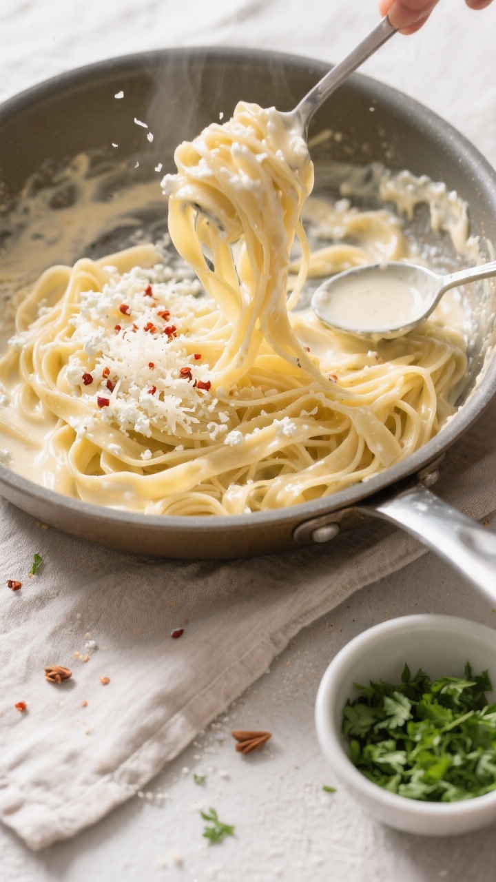 Tasty top view — pasta toss to perfect gloss: Overhead shot of al dente fettuccine being tossed in