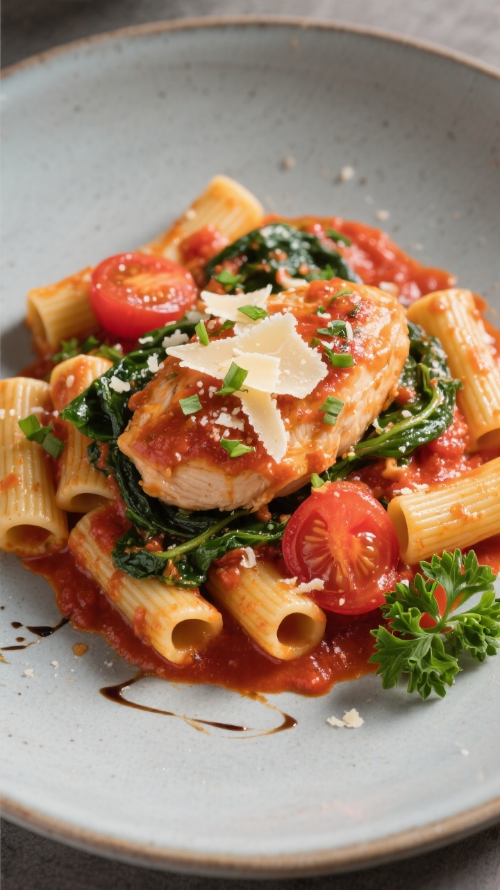 Tasty top-view serving scene: Overhead shot of the finished spinach-tomato chicken ladled onto al de
