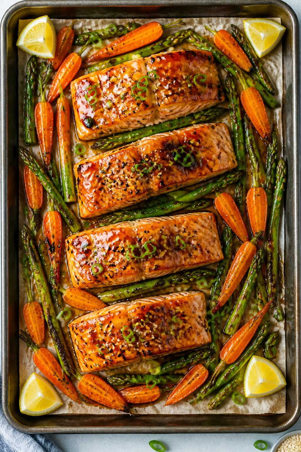 Tasty top view, sheet-pan dinner variation: Overhead shot of a parchment-lined sheet pan featuring f