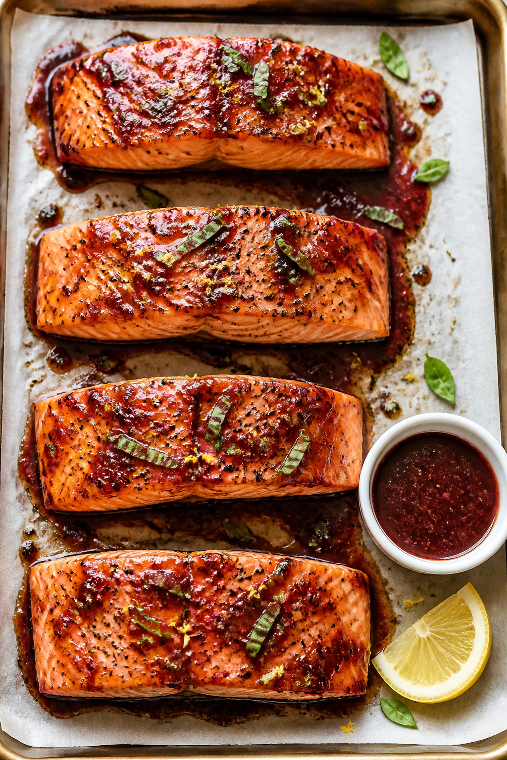 Tasty top-view shot: Overhead image of a sheet pan with four baked salmon fillets brushed post-oven 