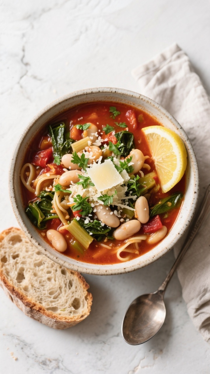 Tasty top-view shot: Overhead of a rustic bowl of finished Healthy Slow Cooker Minestrone Soup, garn