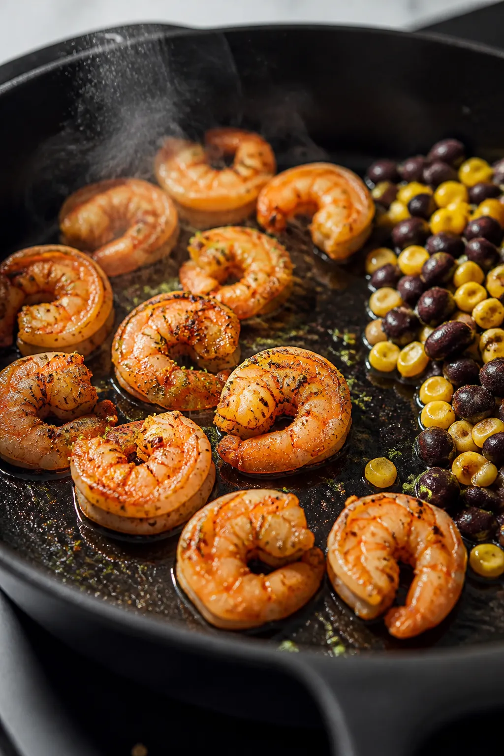 Close-up cooking process: Spiced shrimp searing in a hot skillet, pink and just opaque with light ch