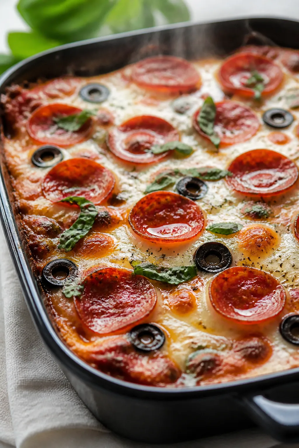 Close-up detail: A bubbling low carb pizza casserole just out of the oven, surface covered with melt