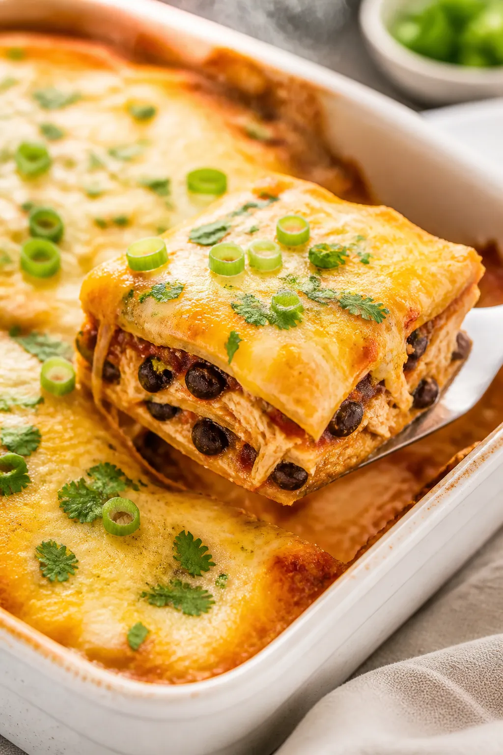 Close-up detail: A just-baked chicken enchilada casserole corner being lifted with a spatula, showin