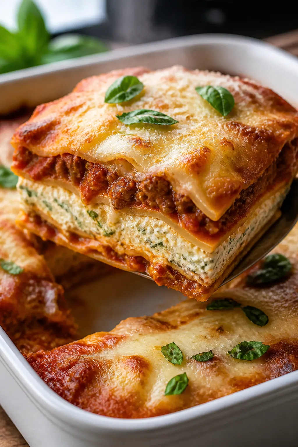 Close-up detail: A just-baked slice of high-protein cottage cheese lasagna being lifted from the pan