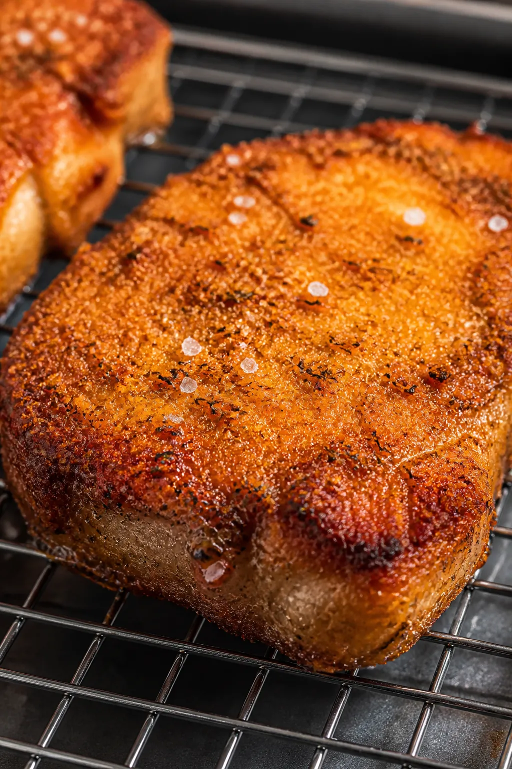 Close-up detail: A perfectly cooked Parmesan-crusted pork chop just out of the air fryer, golden-bro