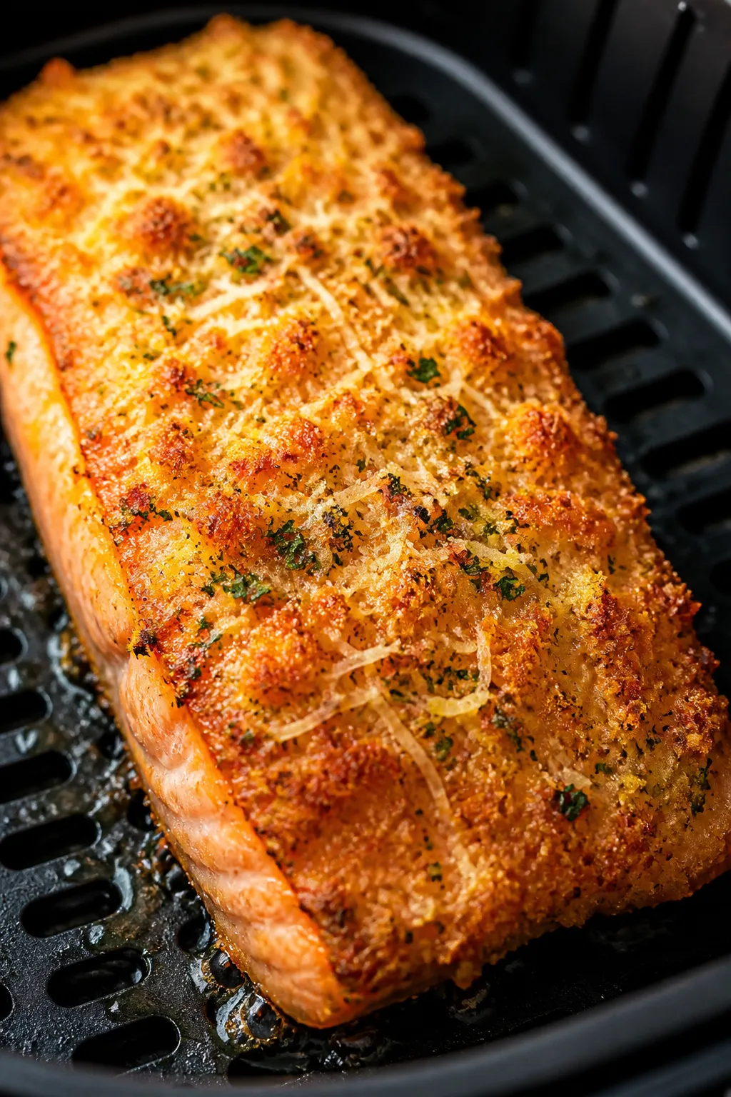 Close-up detail: Air fryer Parmesan-crusted salmon just finished cooking in the basket, crust side u