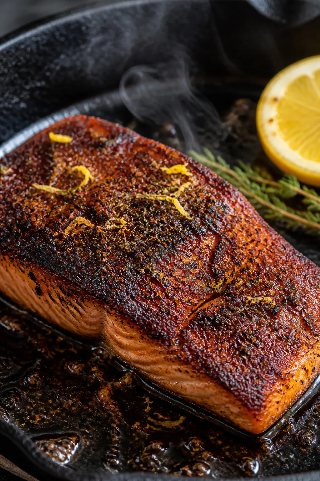 Close-up detail: Blackened salmon fillet just flipped in a hot cast-iron skillet, showing a deep mah
