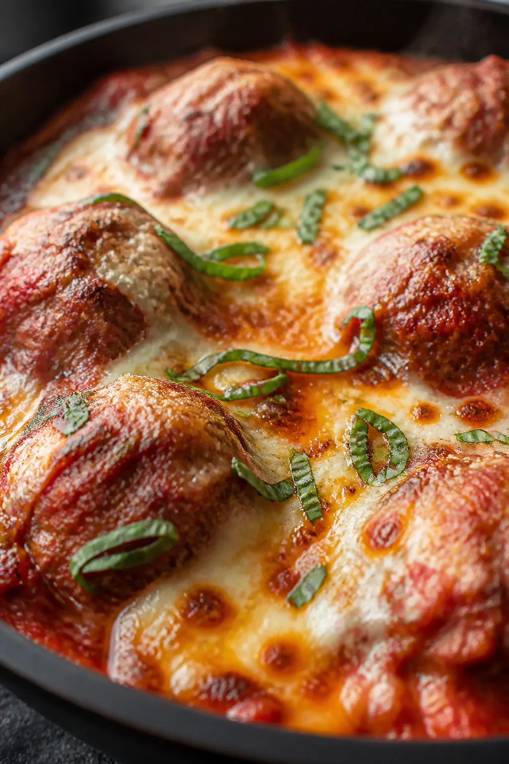 Close-up detail: Broiled Meatball Parmesan Bake just out of the oven, showing browned, bubbly mozzar