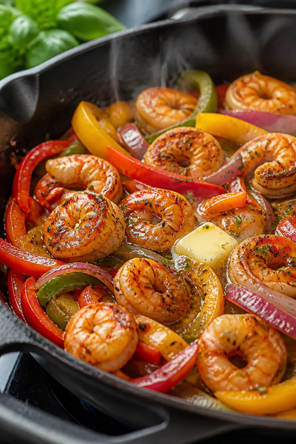Close-up detail: Cajun-seared shrimp in a skillet, pink and opaque with a light char, glistening in 