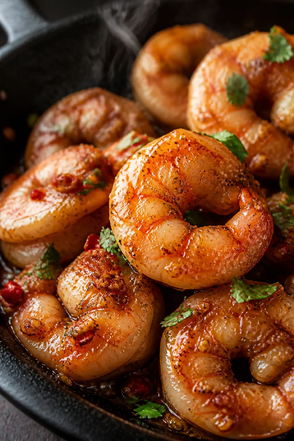 Close-up detail: Chili lime shrimp sizzling in a cast-iron skillet, mid-cook, showing light sear and
