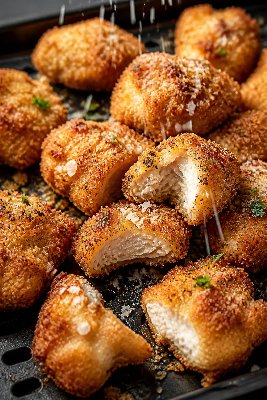 Close-up detail: Crispy air fryer Parmesan chicken bites just out of the basket at 400°F, golden-br