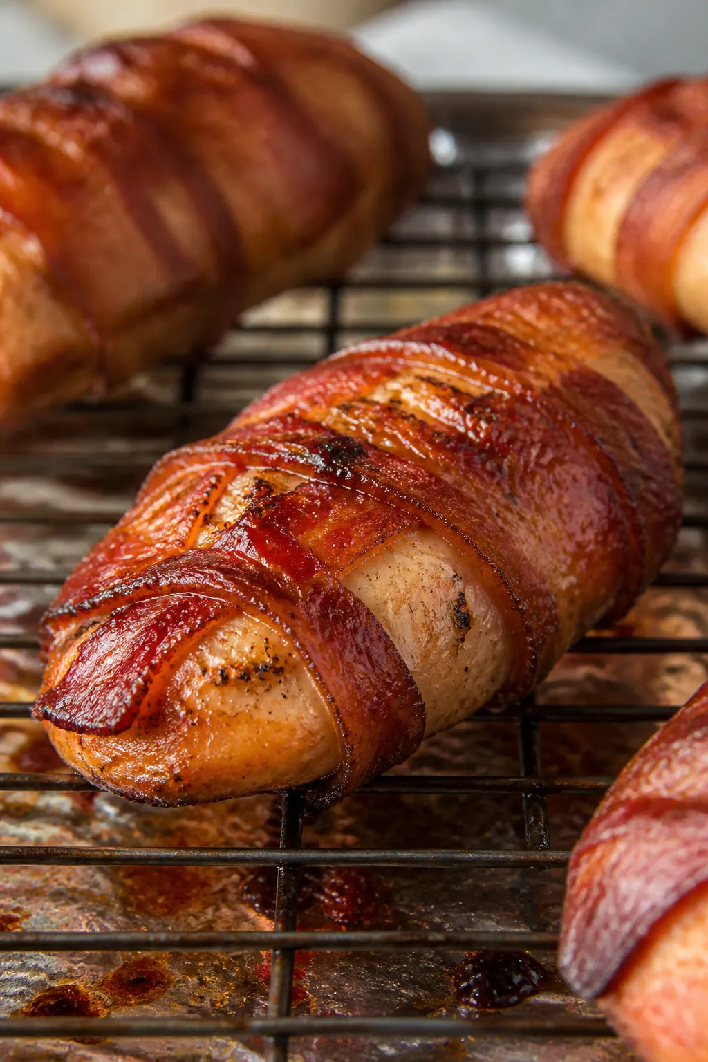 Close-up detail: Crispy bacon-wrapped chicken breast just out of the oven on a wire rack over a foil
