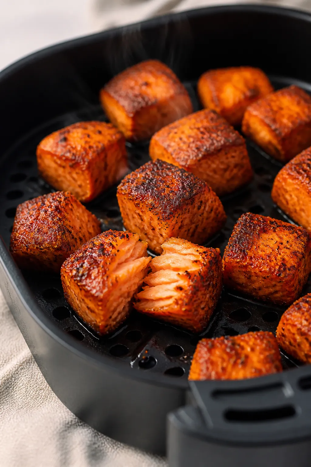 Close-up detail: Crispy Cajun salmon bites just out of the air fryer basket at 400°F, golden-charre