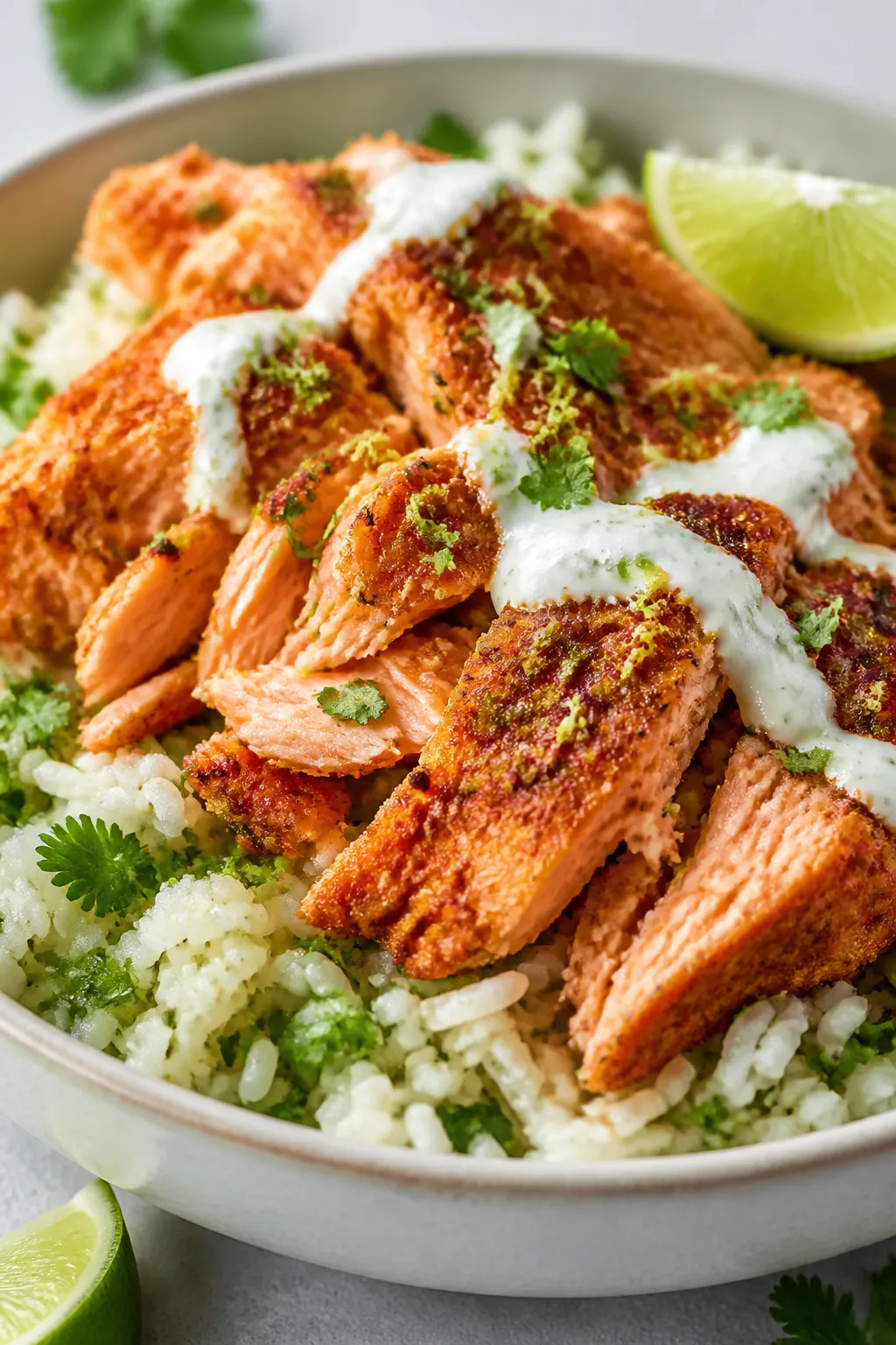 Close-up detail: Flaked roasted salmon seasoned with chili powder, smoked paprika, cumin, and lime z