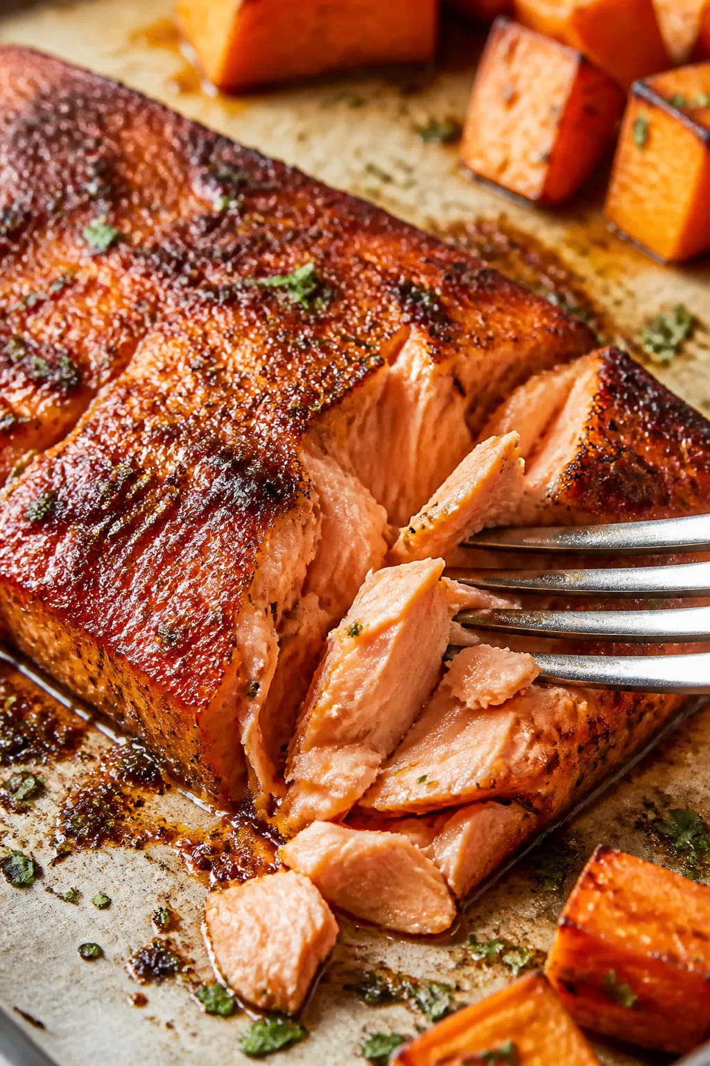Close-up detail: Flaky roasted salmon just out of the oven, skin-side down on parchment, edges light