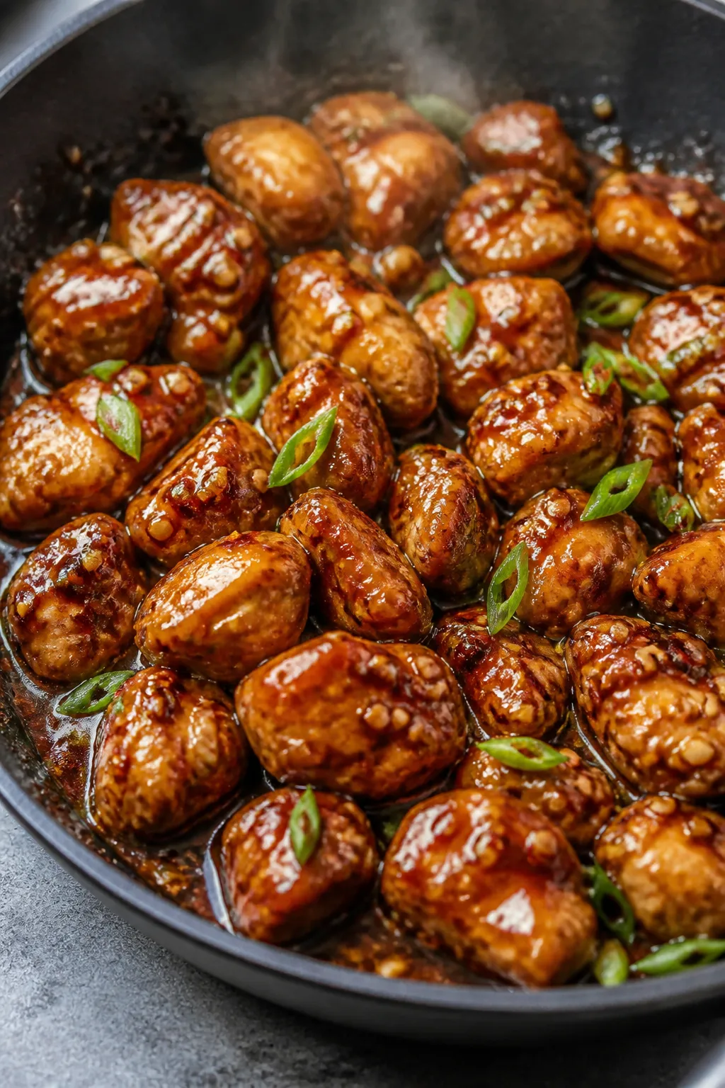 Close-up detail: Glazed honey garlic chicken bites sizzling in a skillet, coated in a thick, glossy