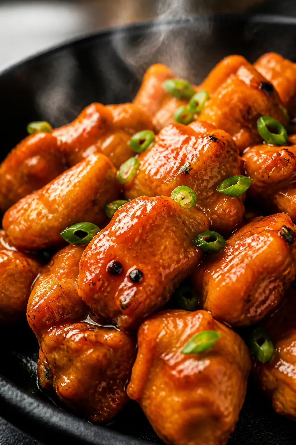 Close-up detail: Glossy buffalo chicken bites just off the skillet, coated in vibrant orange-red sau