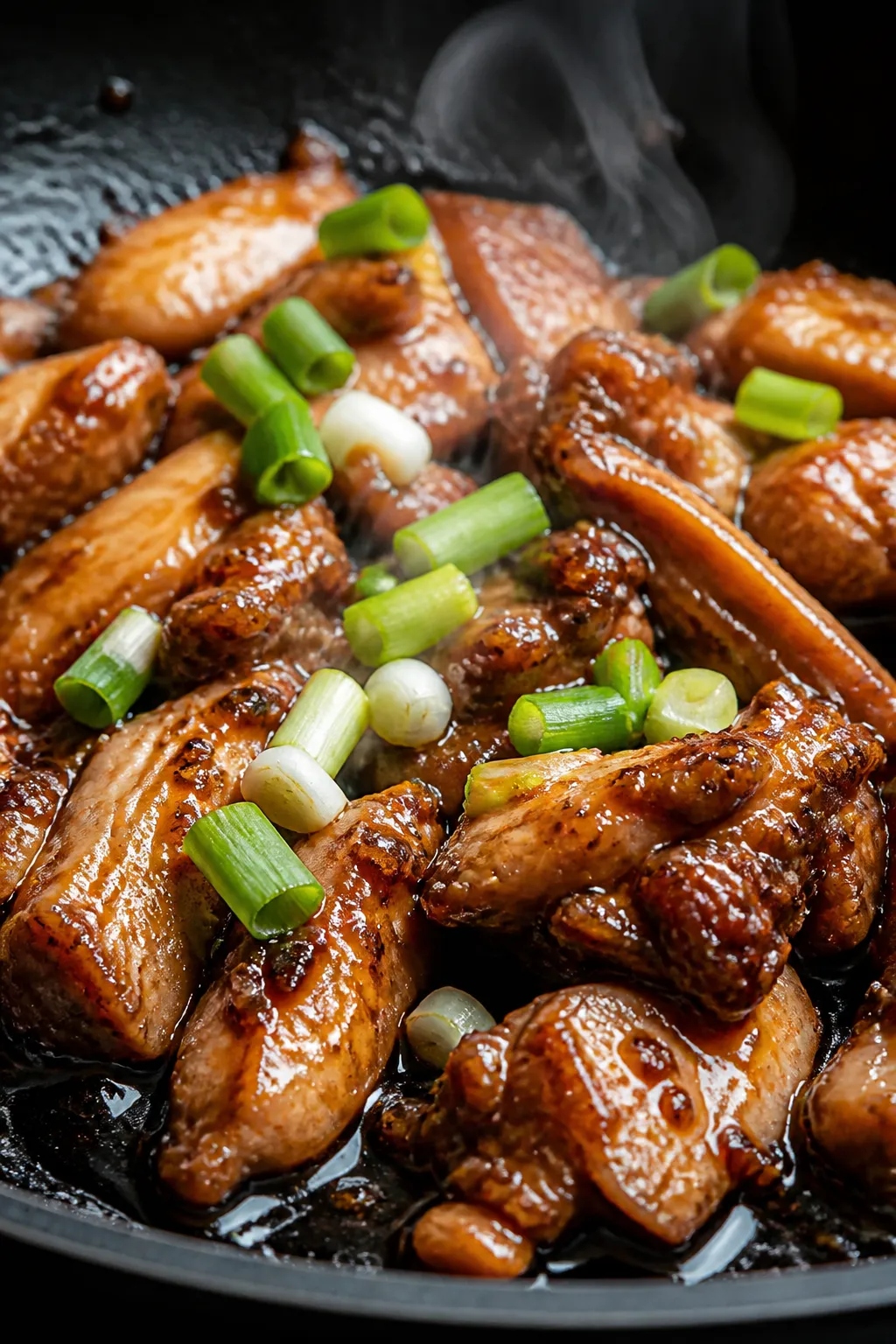 Close-up detail: Glossy soy-ginger-garlic chicken slices just after saucing in a skillet, sauce visi
