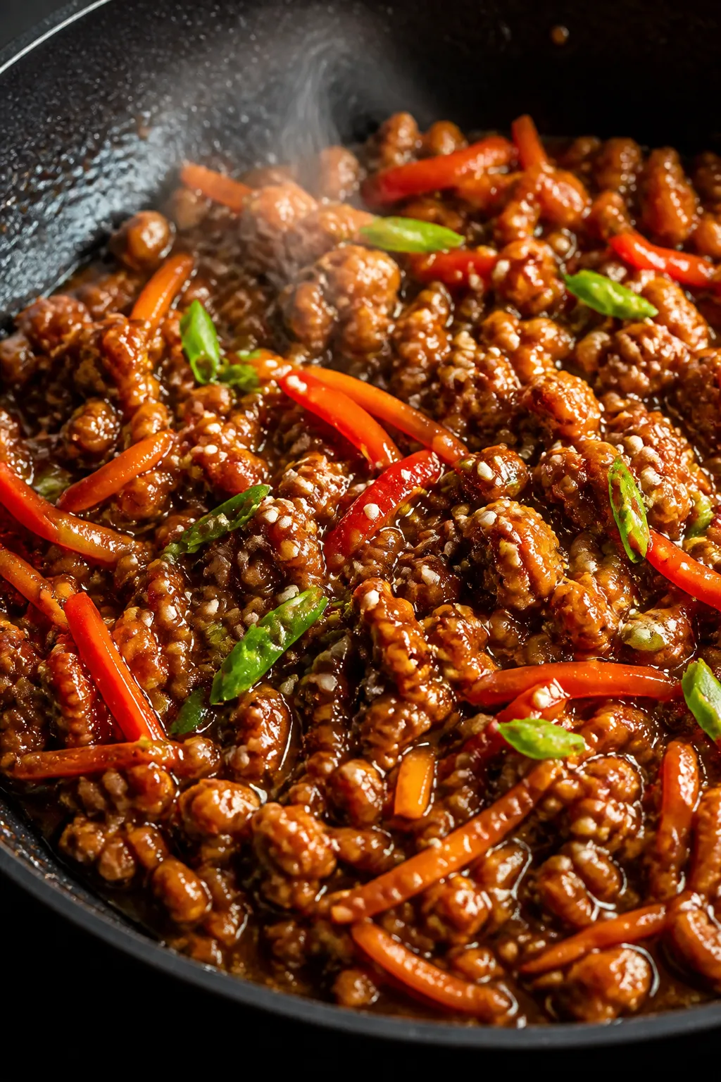Close-up detail: Glossy teriyaki chicken filling sizzling in a skillet mid-cook, ground chicken ligh