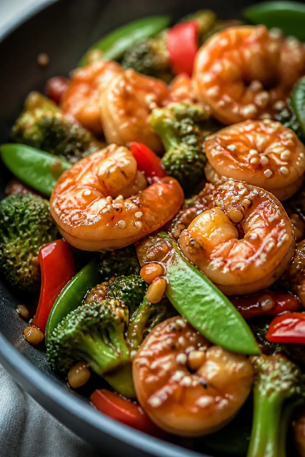 Close-up detail: Glossy teriyaki shrimp just out of the pan, sauce clinging to curled pink shrimp an