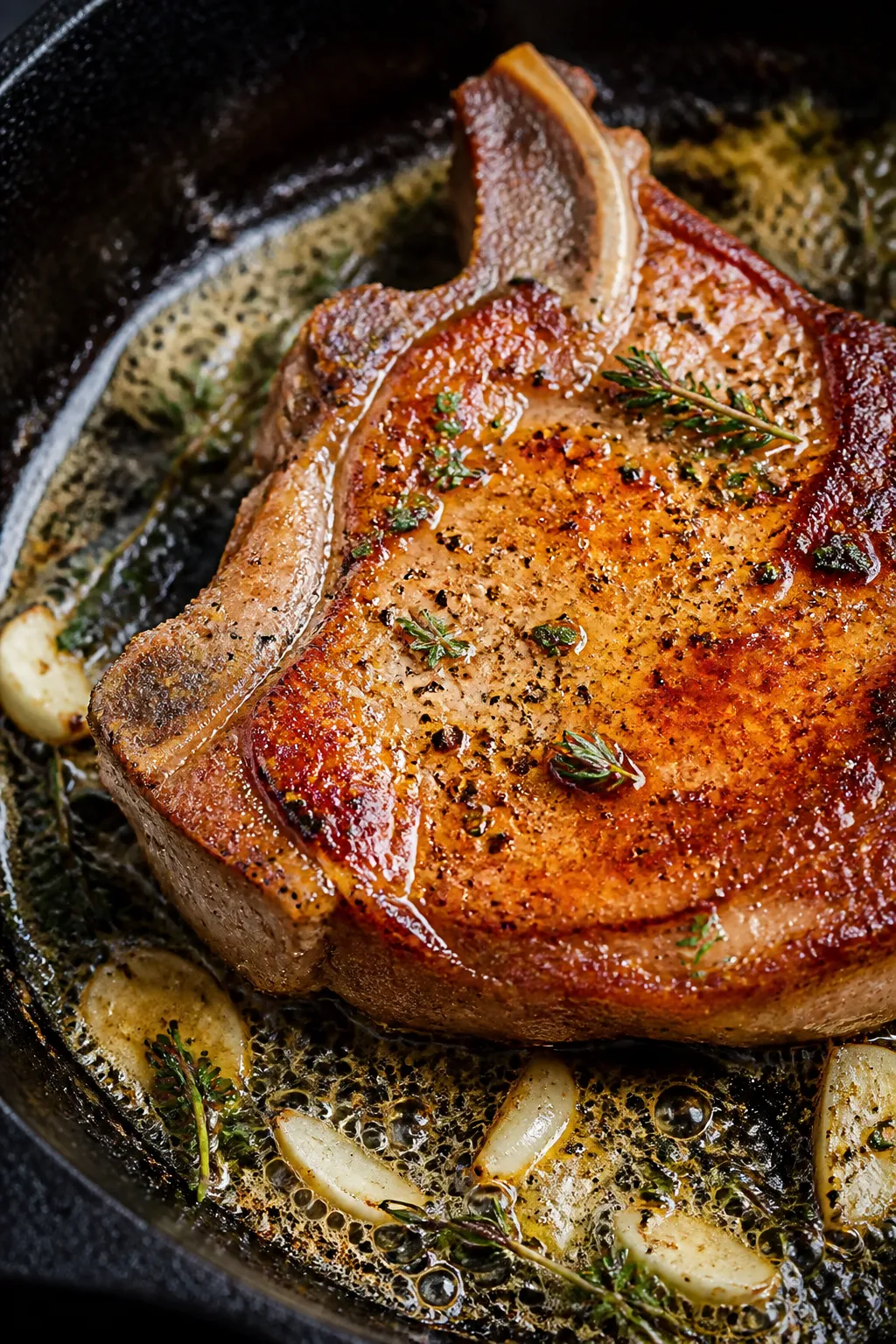 Close-up detail: Golden-brown seared pork chop in a cast-iron skillet mid-cook, glistening with melt
