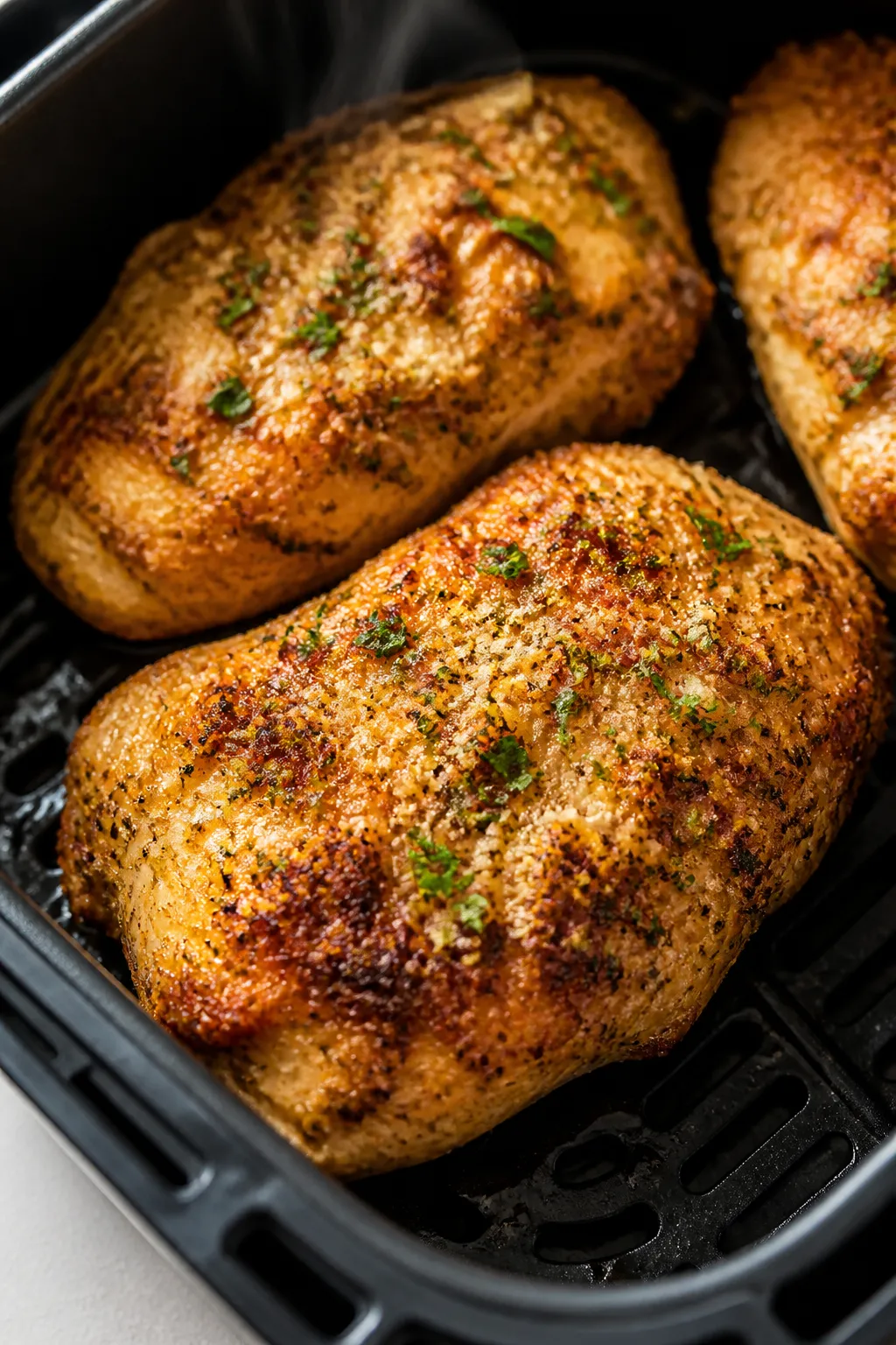 Close-up detail: Golden-browned air fryer garlic Parmesan chicken just finished cooking in the baske