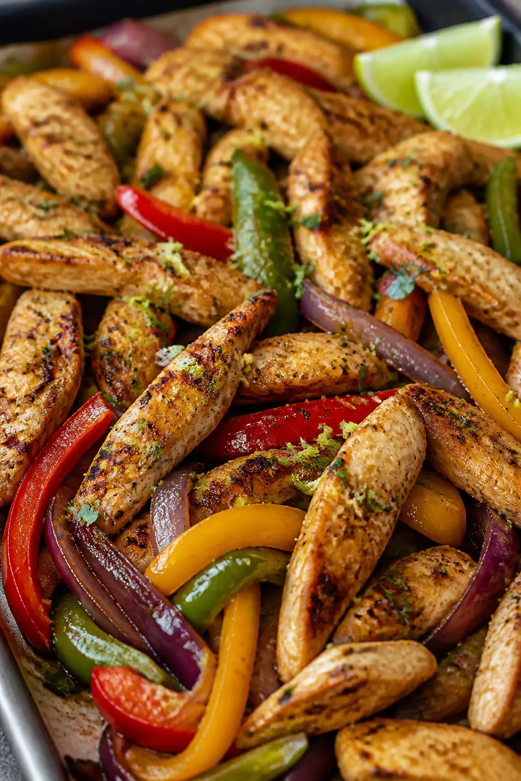 Close-up detail: Golden-browned chicken fajita strips nestled over tender-crisp tri-color bell peppe