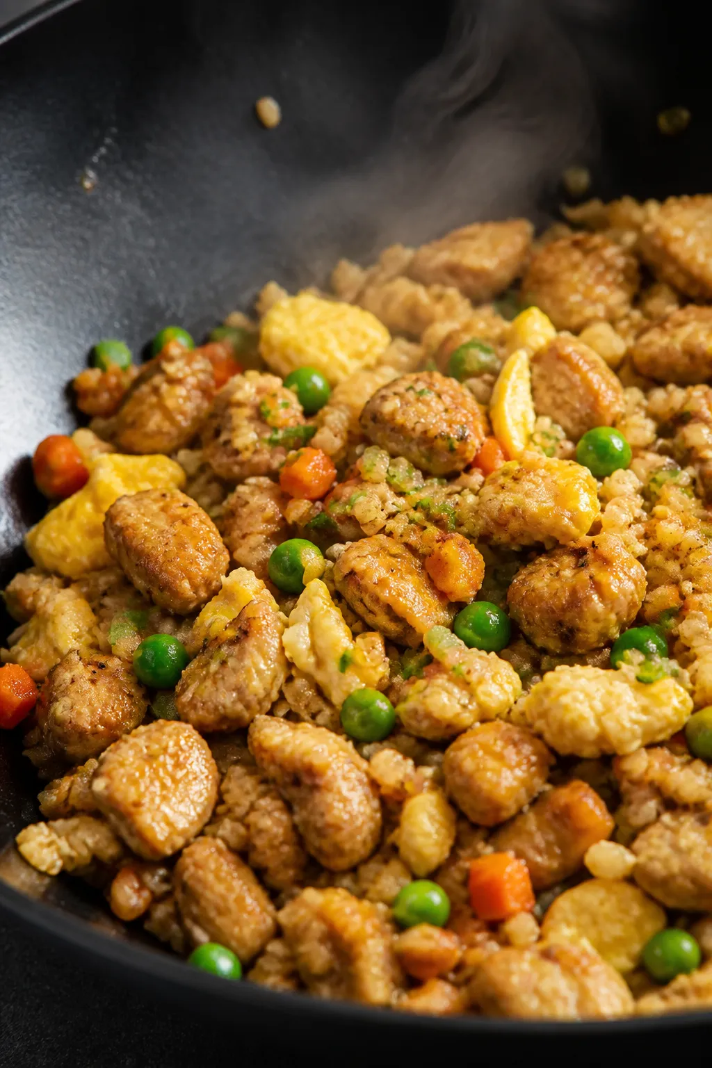 Close-up detail: Golden-browned diced chicken and fluffy scrambled egg ribbons being folded back int