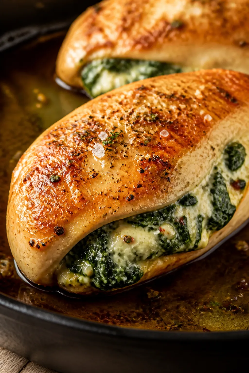 Close-up detail: Golden-browned spinach-stuffed chicken breast just out of the oven, seared crust gl