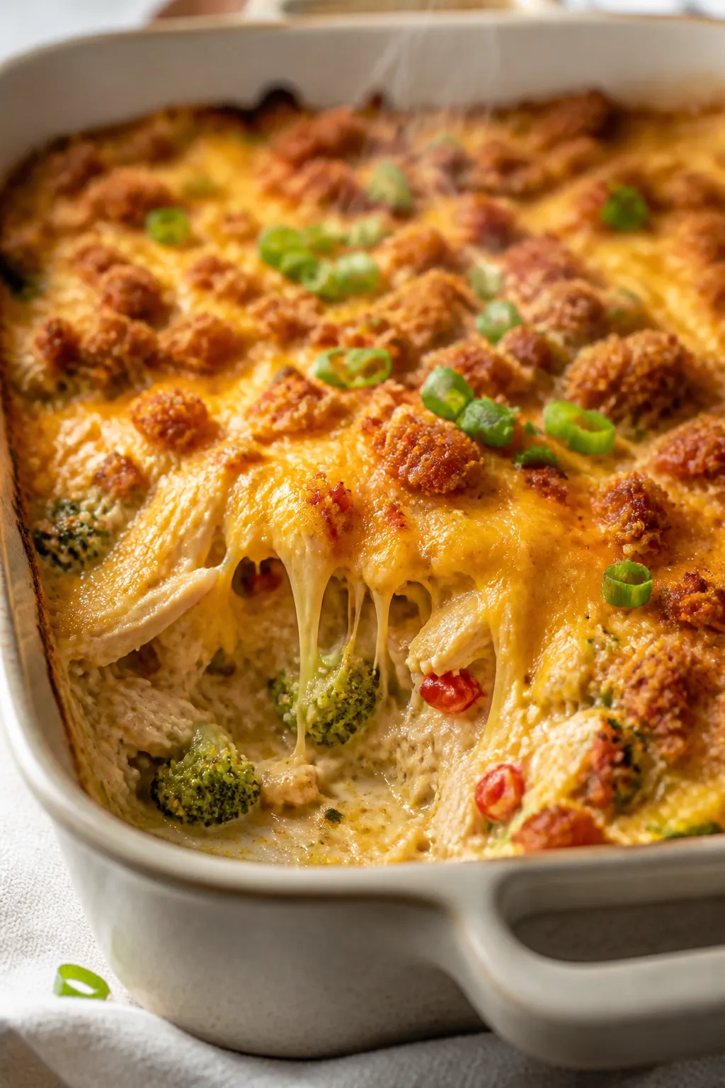 Close-up detail: Golden, bubbling Healthy Crack Chicken Casserole just out of the oven, showing gooe