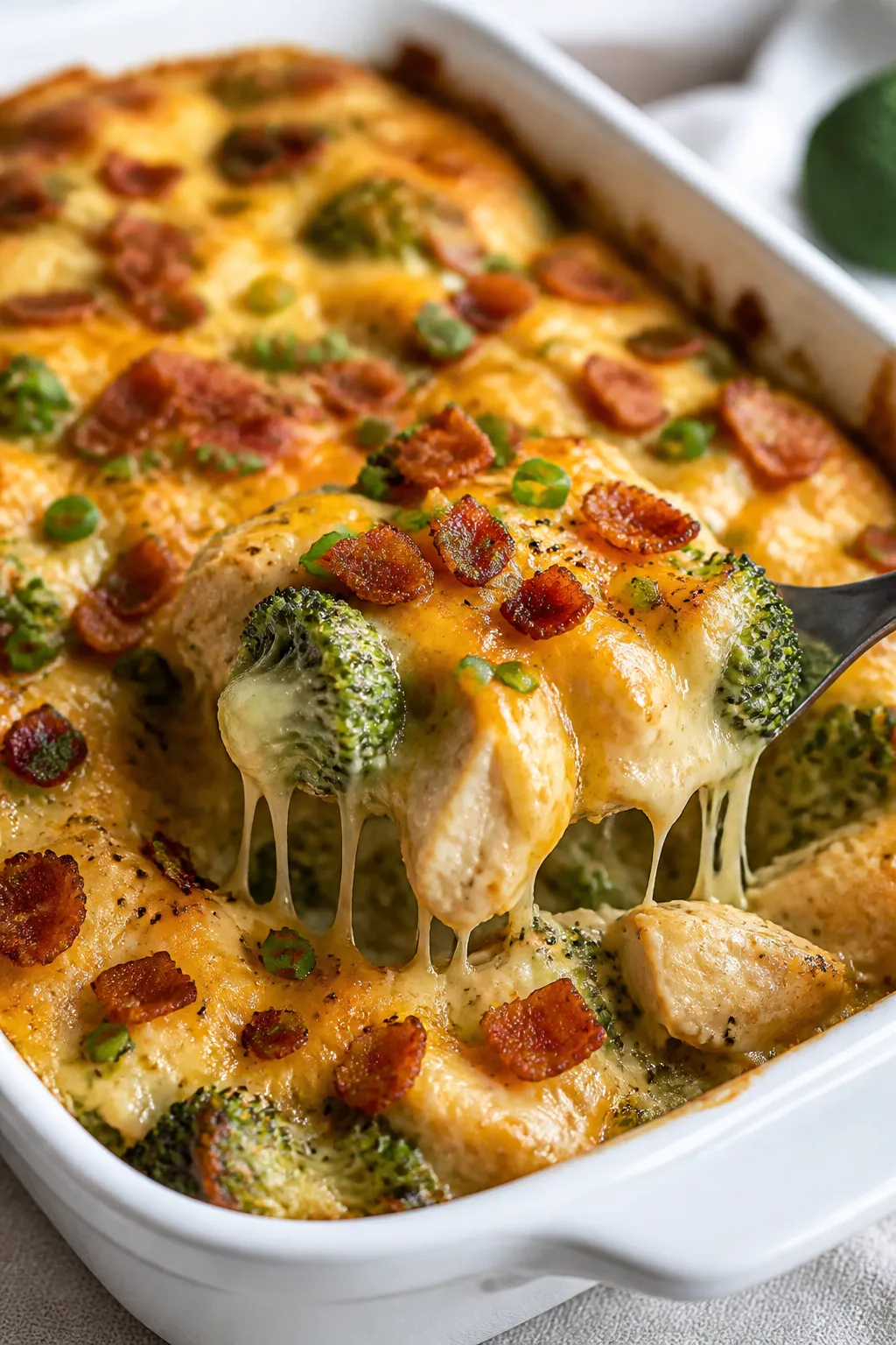 Close-up detail: Golden, bubbling Low Carb Chicken Bacon Ranch Casserole just out of the oven, showi