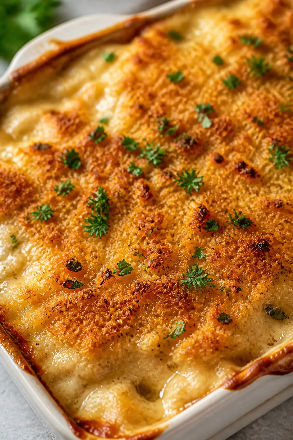 Close-up detail: Golden, bubbling Low Carb Million Dollar Chicken Casserole just out of the oven, ti