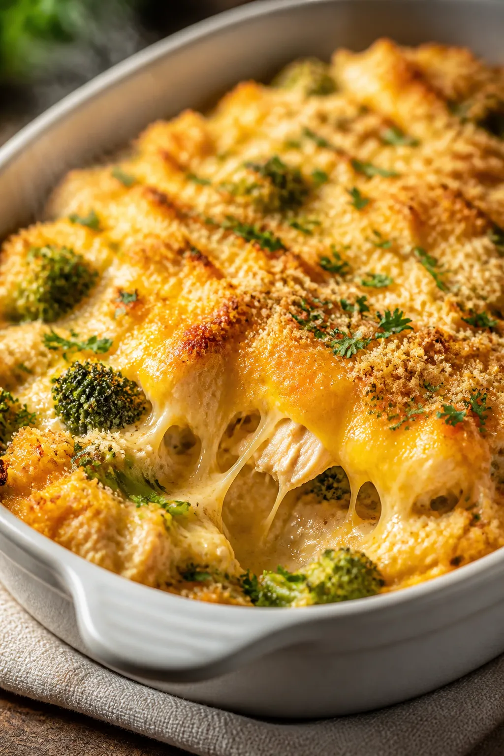 Close-up detail: Golden, bubbly Chicken Broccoli Rice Casserole just out of the oven, showing stretc