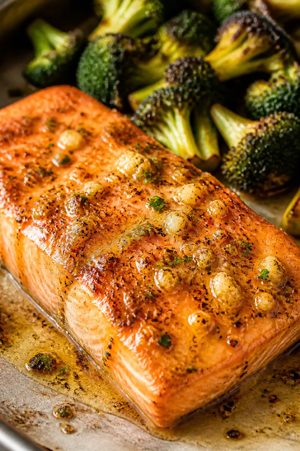 Close-up detail: Golden, flaky garlic-butter salmon just out of the oven, brushed with glossy melted