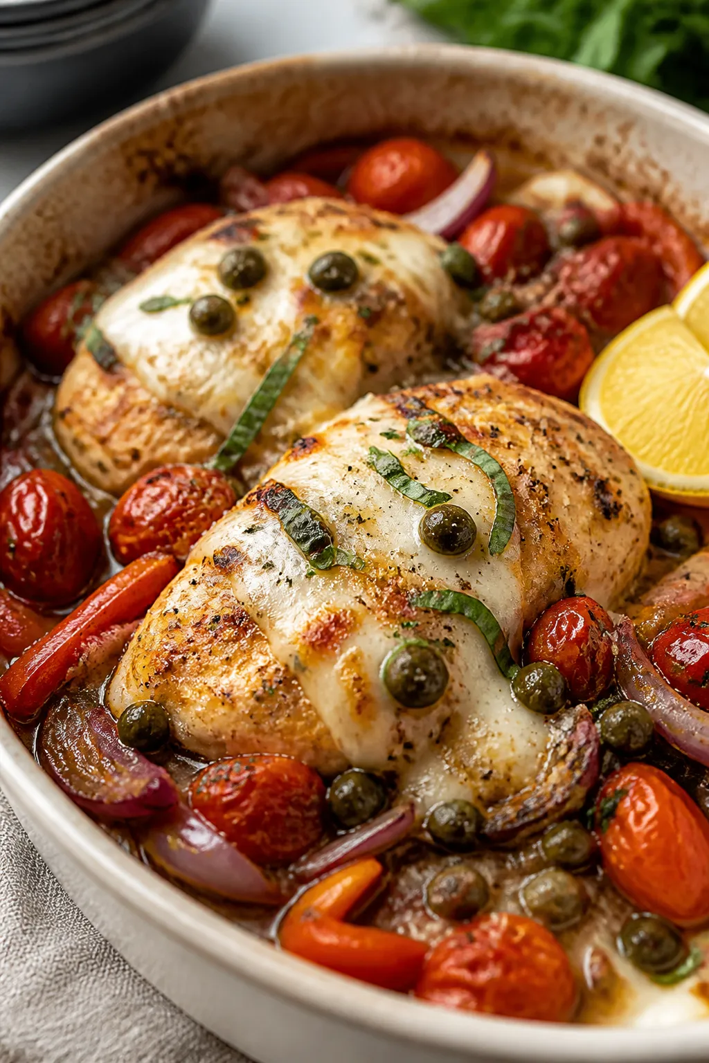 Close-up detail: Golden, just-baked Italian chicken breasts nestled on roasted cherry tomatoes, red
