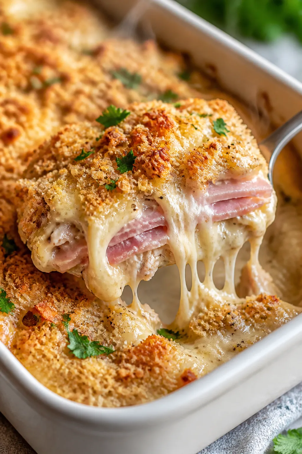 Close-up detail: Golden, low-carb Chicken Cordon Bleu Casserole just out of the oven, bubbling edges