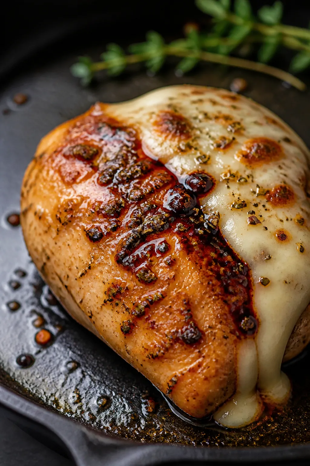 Close-up detail: Golden, pan-seared chicken breast in a skillet, surface deeply caramelized with Ita
