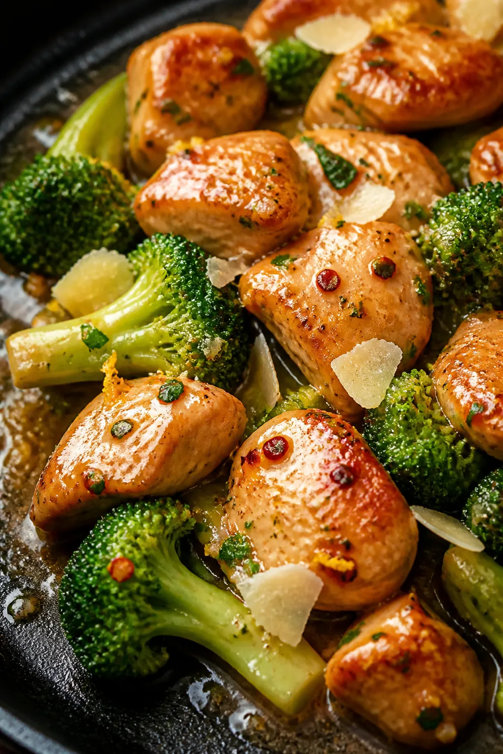Close-up detail: Golden-seared bite-size chicken pieces glazed in glossy garlic-butter sauce, nestle