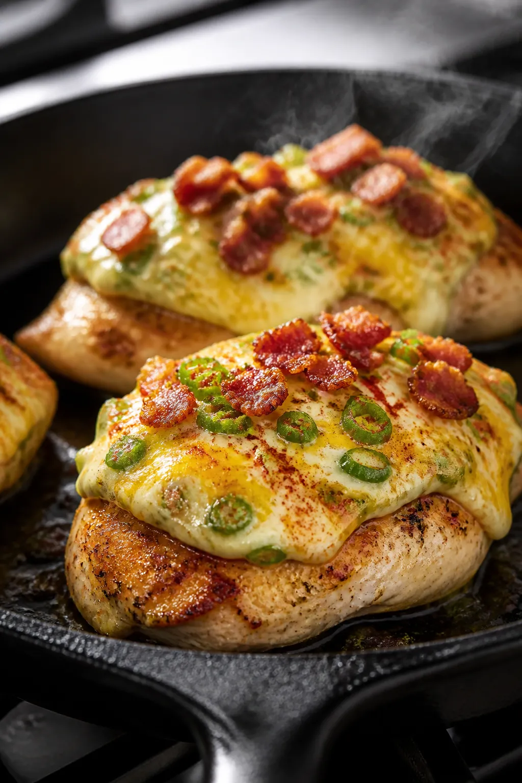 Close-up detail: Golden-seared chicken breast just out of the skillet, topped with a thick, bubbly l