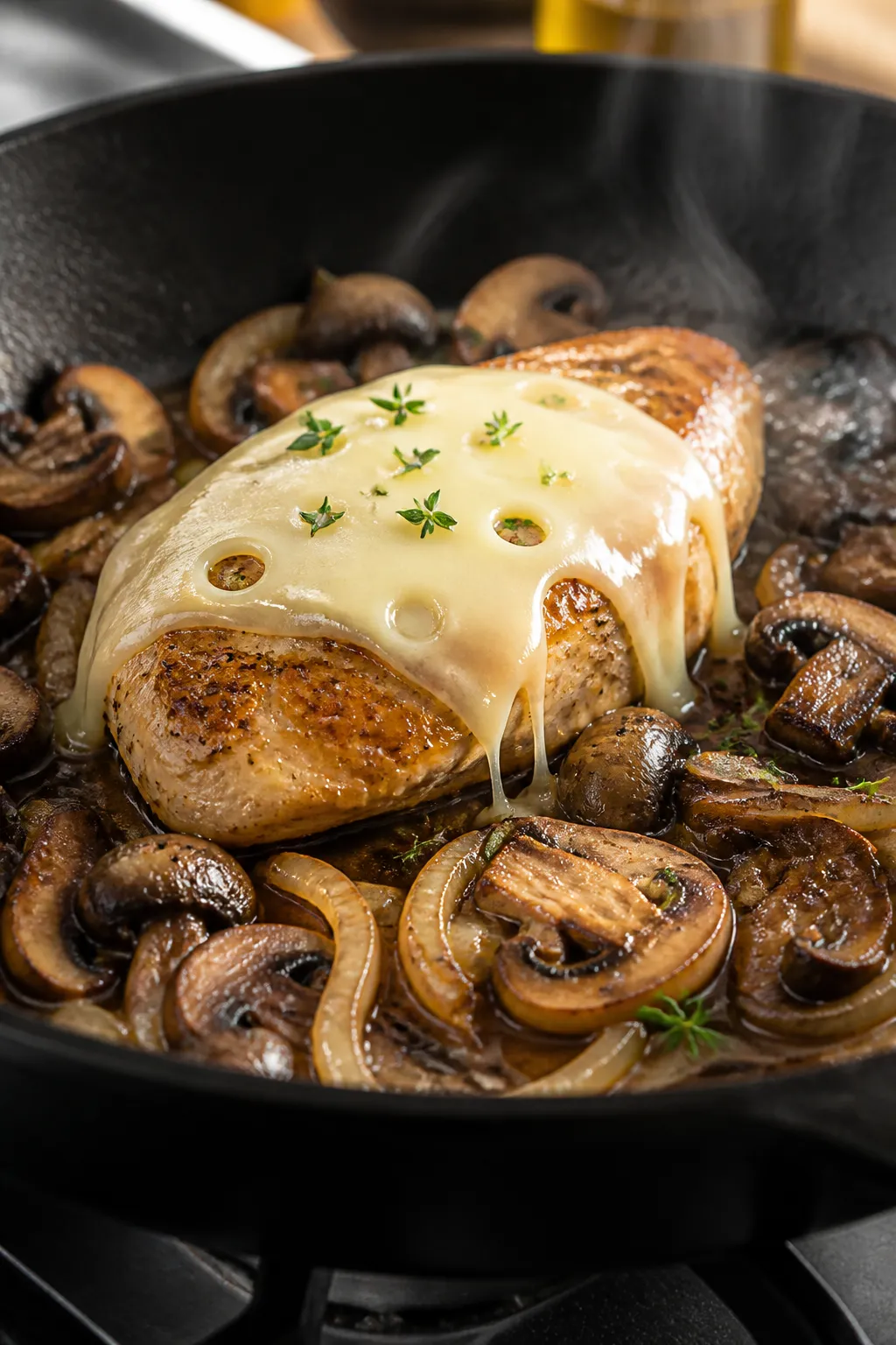 Close-up detail: Golden-seared chicken breast nestled in a skillet of sautéed cremini mushrooms and