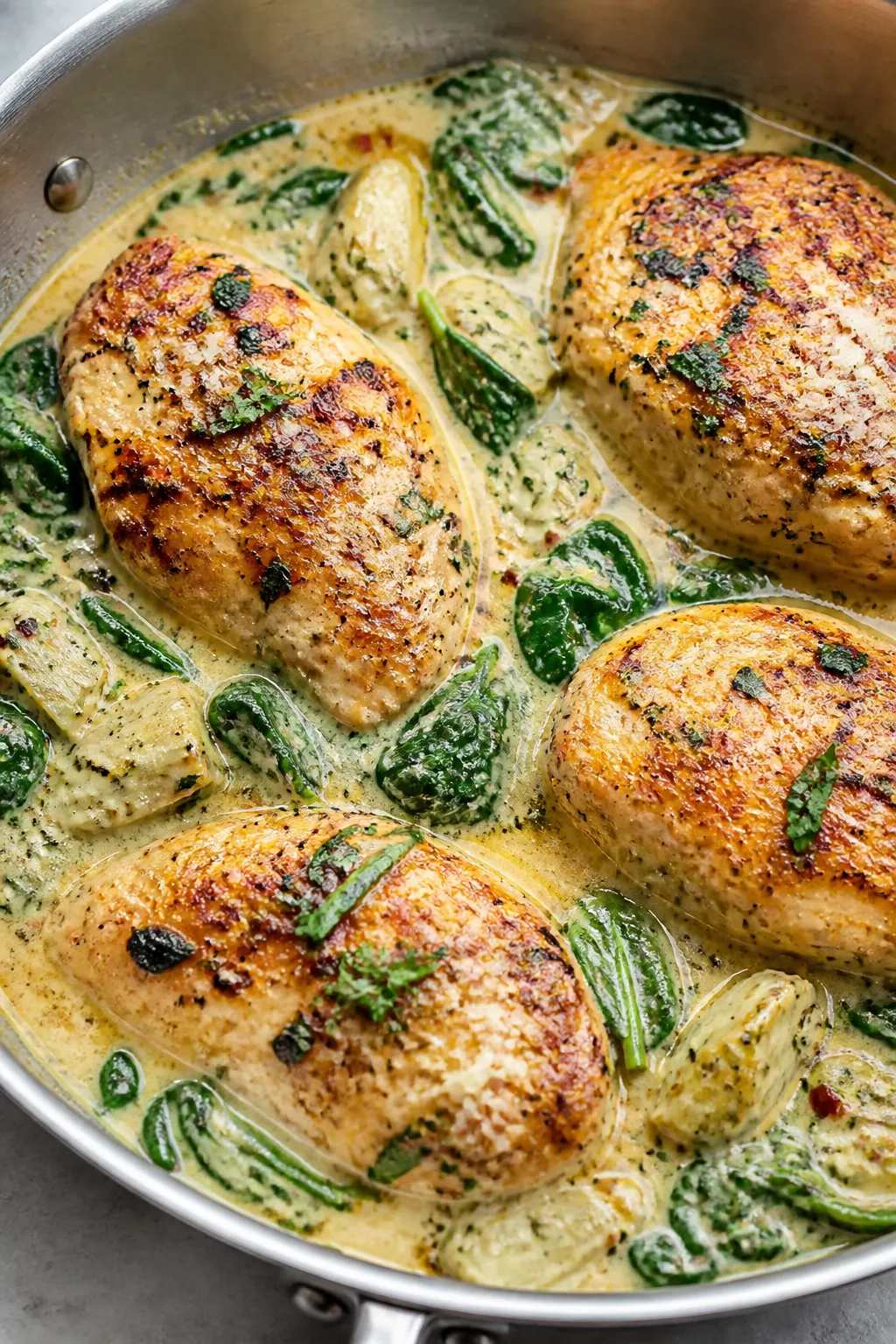 Close-up detail: Golden-seared chicken breasts nestled back into a silky spinach–artichoke cream s