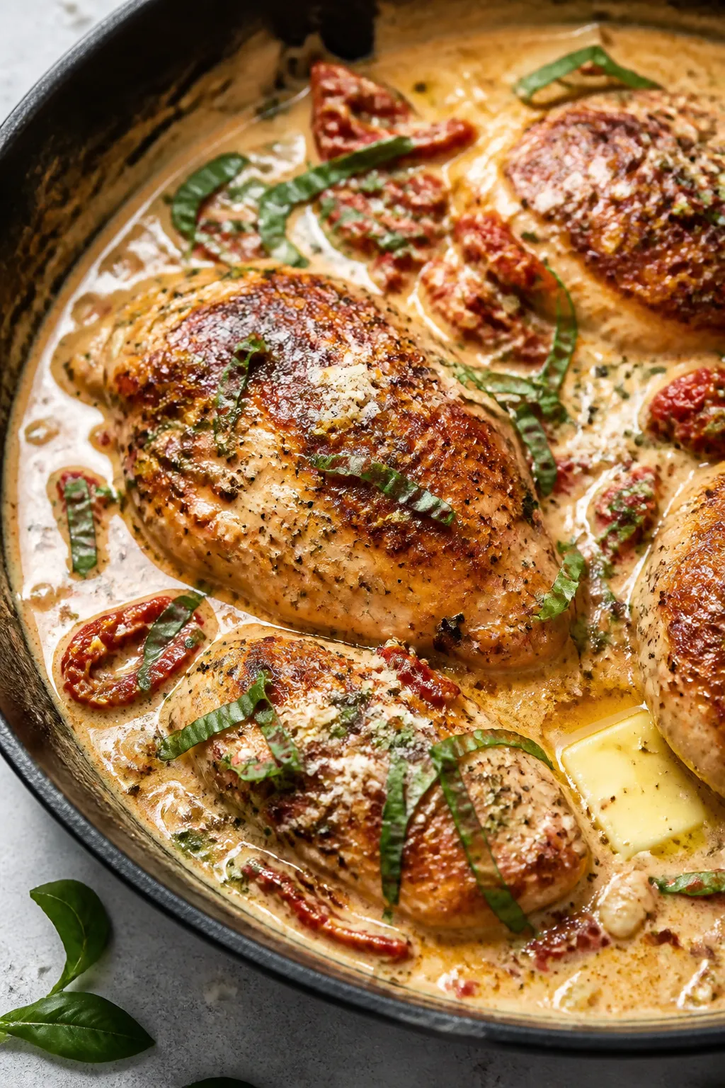 Close-up detail: Golden-seared chicken cutlets nestled in a simmering creamy sun-dried tomato Parmes