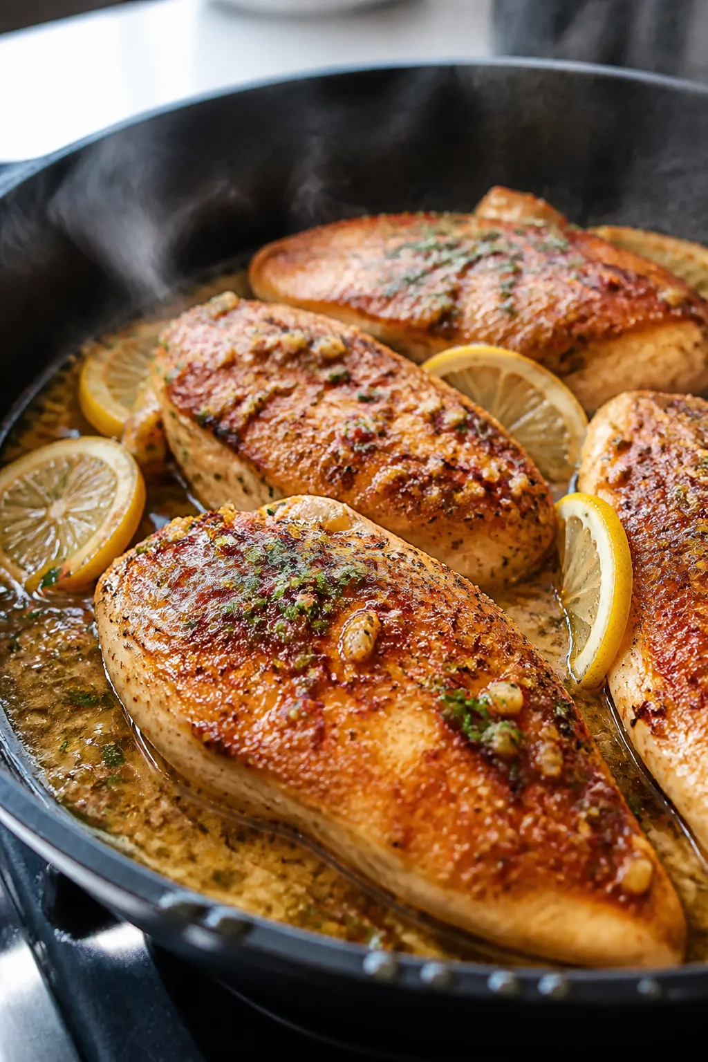 Close-up detail: Golden-seared garlic butter chicken breast in a skillet, bathed in glossy garlic-le
