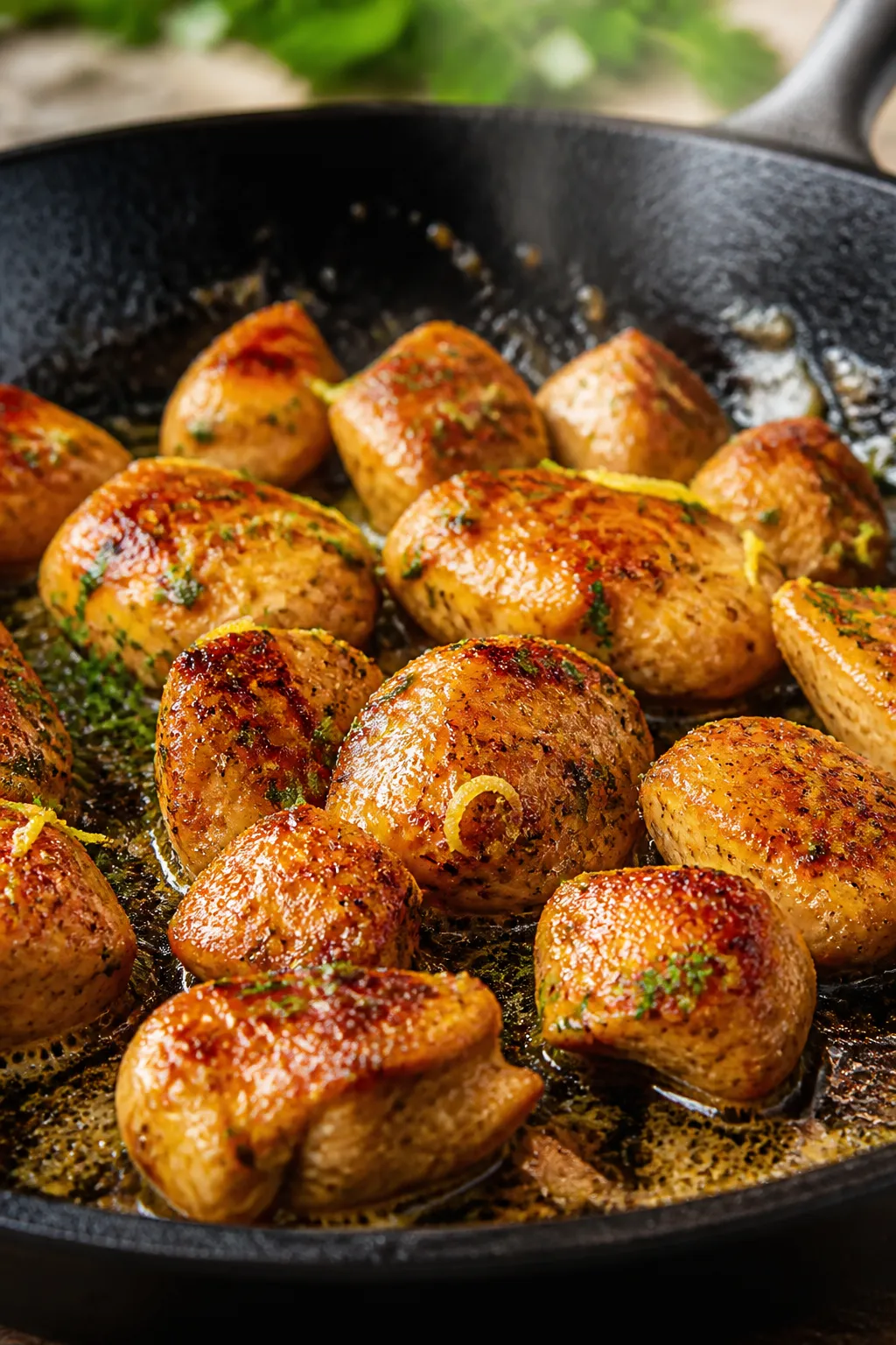 Close-up detail: Golden seared garlic butter chicken bites sizzling in a cast-iron skillet, coated i