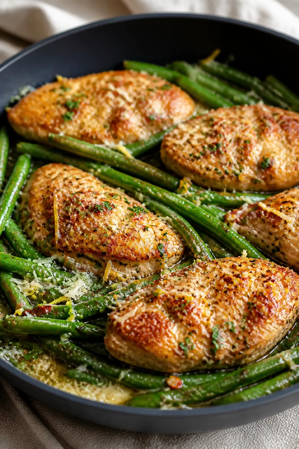 Close-up detail: Golden-seared garlic Parmesan chicken nestled with crisp-tender green beans in a sk