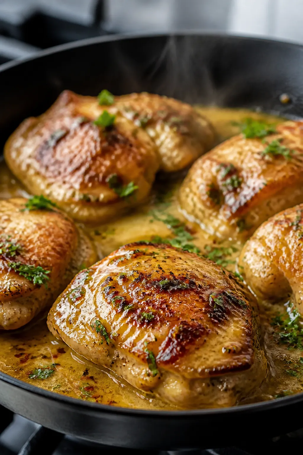 Close-up detail: Golden-seared honey mustard chicken thigh in a skillet, glistening with a silky Dij