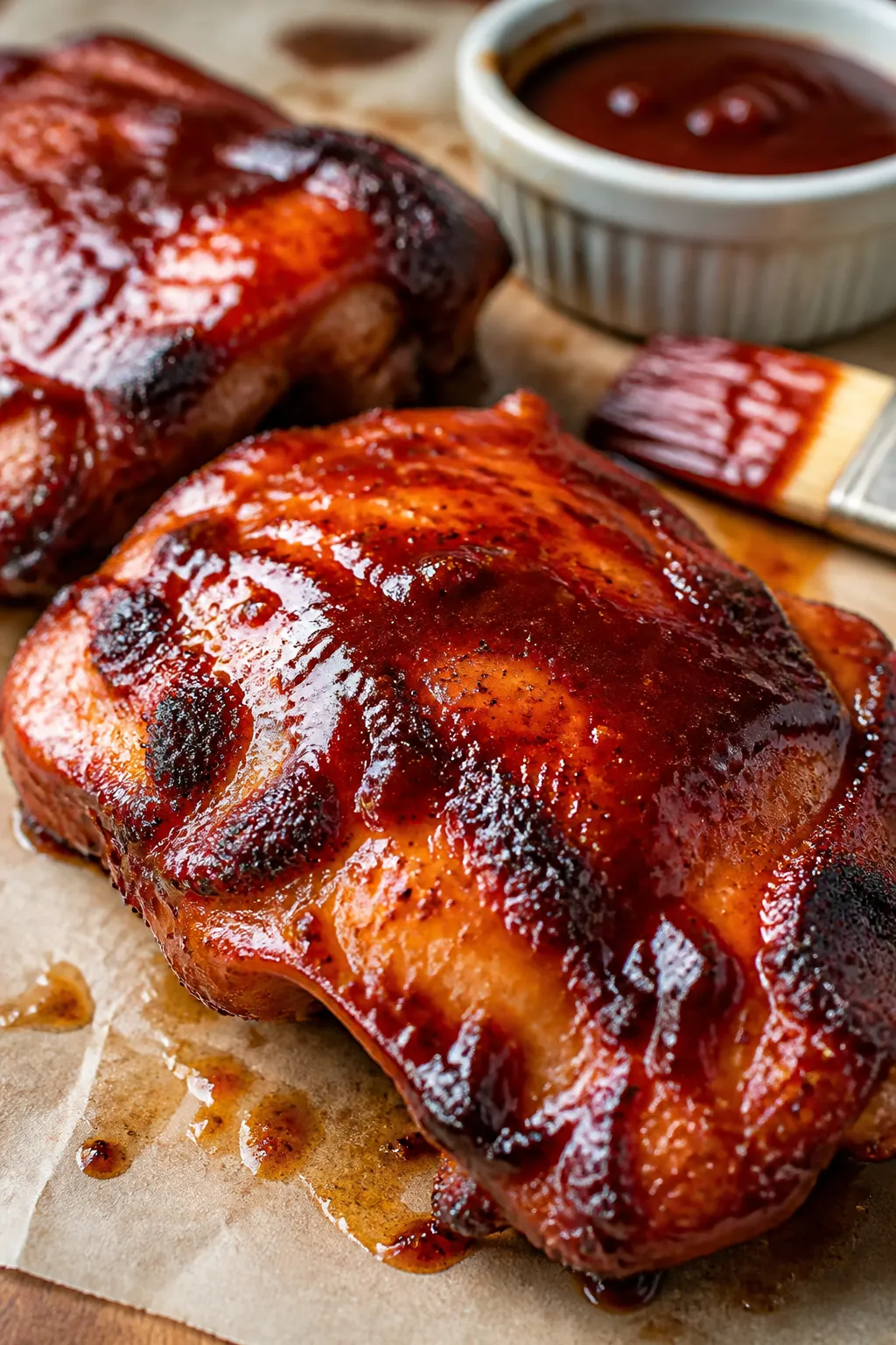 Close-up detail: Juicy air-fried BBQ chicken thigh just brushed with glossy sauce, caramelized edges