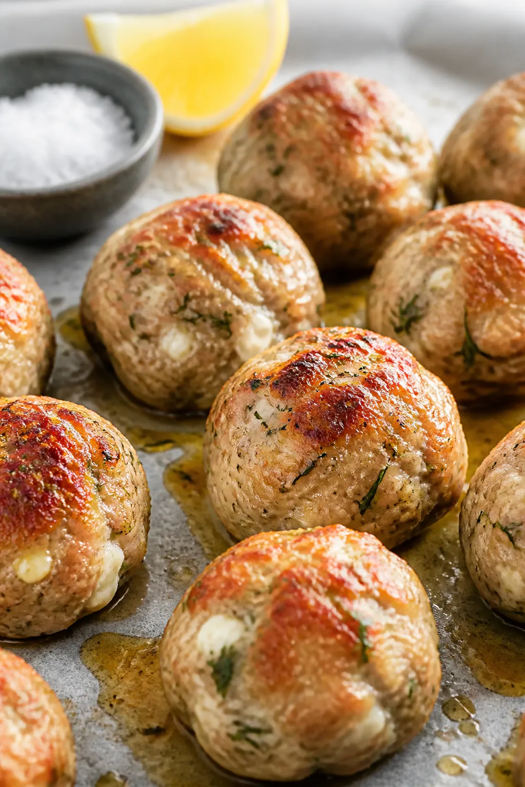 Close-up detail: Juicy baked Greek turkey meatballs just out of the oven, lightly bronzed from a bri
