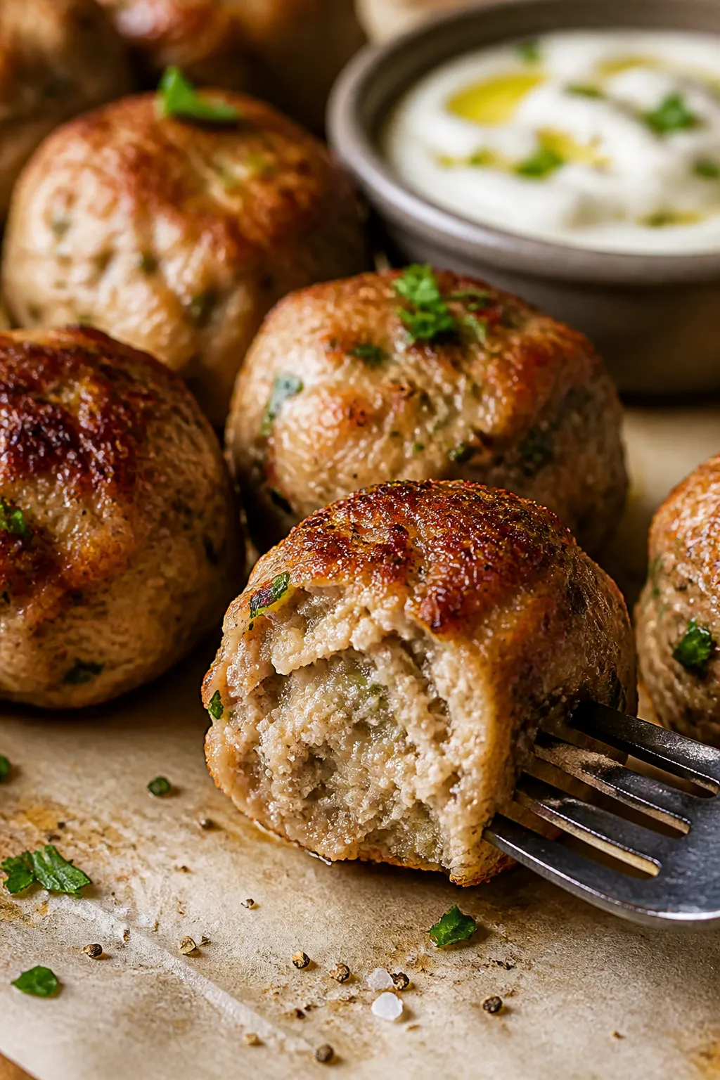 Close-up detail: Juicy baked turkey meatballs just out of the oven, lightly broiled for caramelized